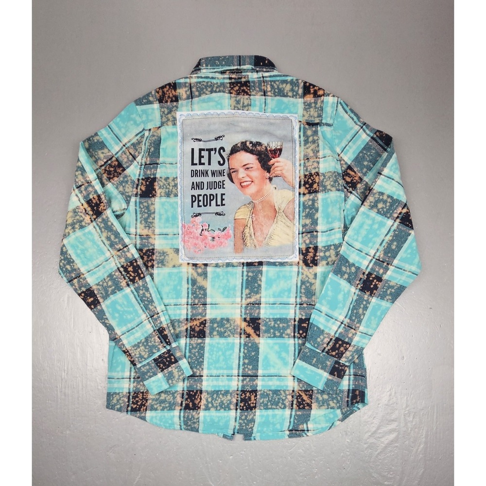 Angry Minnow Flannel Shirt Medium Bleached Let's Drink Wine and Judge People NWT